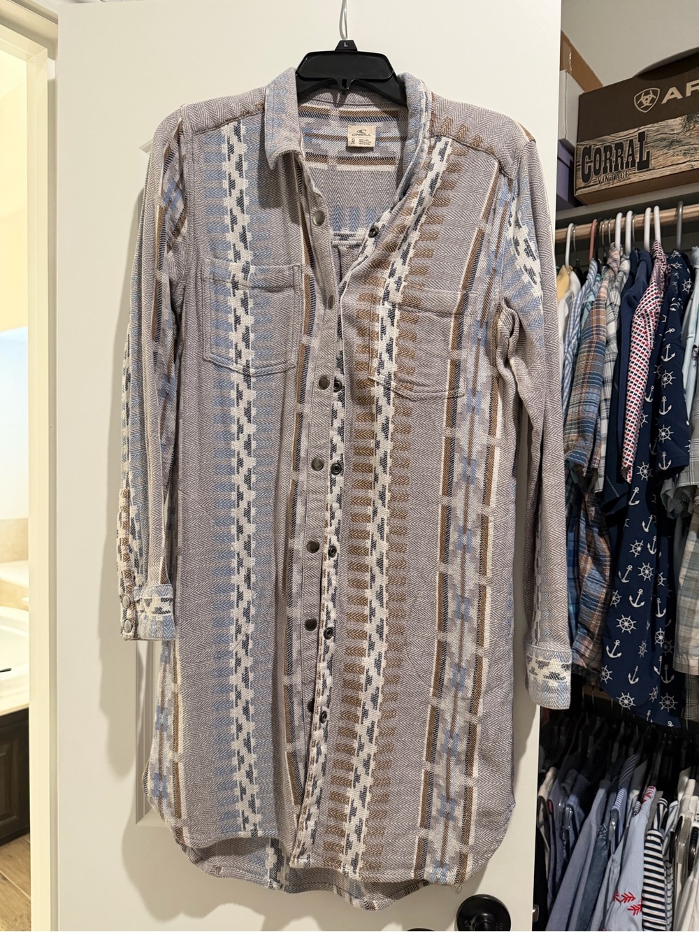 O'Neill Women's Long Button-Up Coat in Light Blue, Beige & White